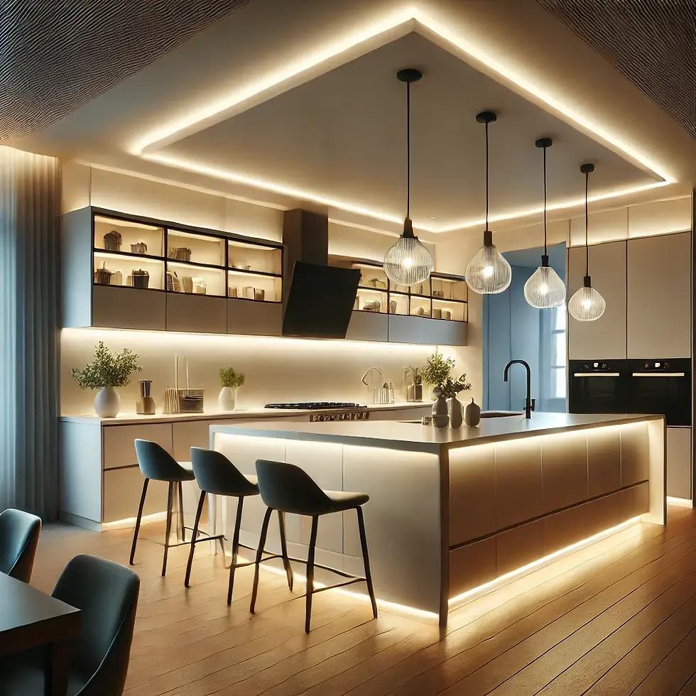 Modern kitchen lighting with pendant lights and LED profile lights