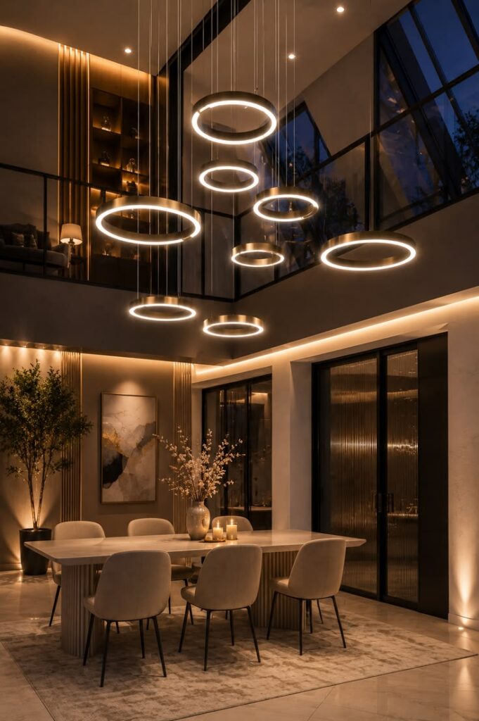 Modern hanging light in luxury dining room