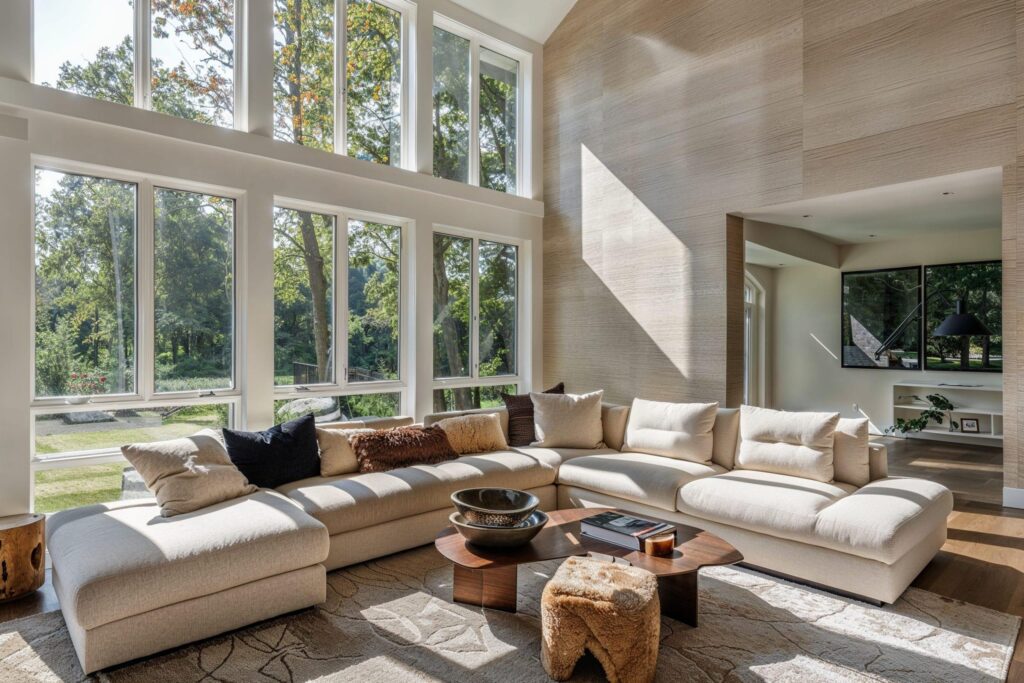 Luxury living room with natural daylight and large windows