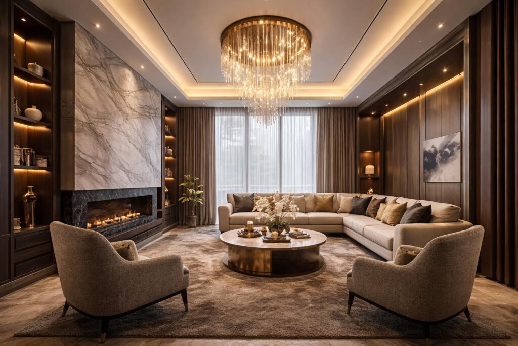 Luxury home interior lighting design with chandelier and layered lighting